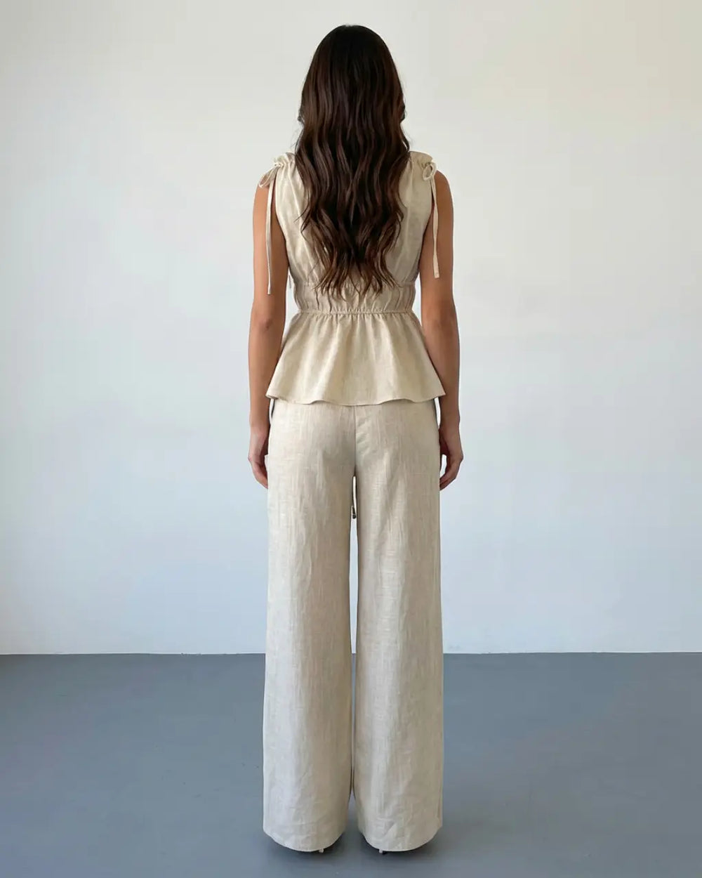 SOLACE  Beige Linen Blend V Neck Tie Waist Peplum Top Wide Leg Pants Set 