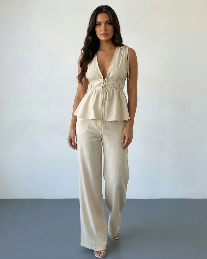 SOLACE  Beige Linen Blend V Neck Tie Waist Peplum Top Wide Leg Pants Set 