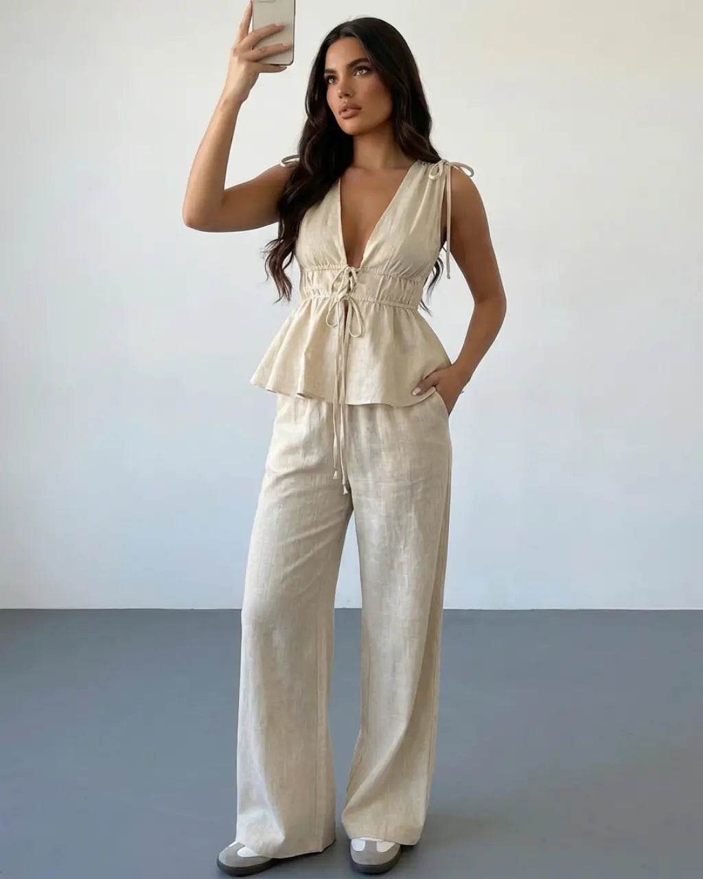 SOLACE  Beige Linen Blend V Neck Tie Waist Peplum Top Wide Leg Pants Set 