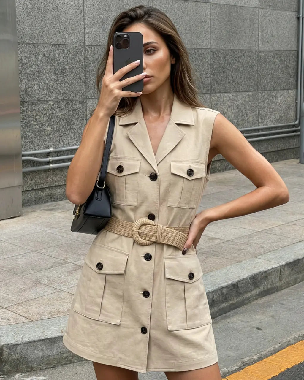 SOLACE  Beige Utility Belted Button Front Slim Fit Mini Shirt Dress 