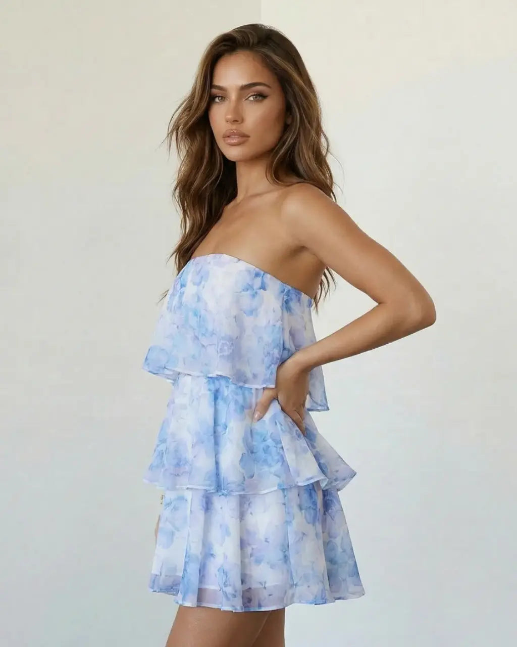 SOLACE  Blue Watercolor Floral Ruffle Tiered Strapless Mini Dress 