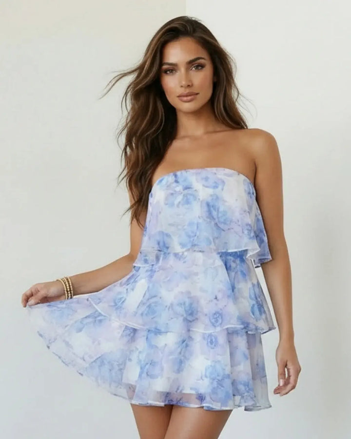SOLACE  Blue Watercolor Floral Ruffle Tiered Strapless Mini Dress 