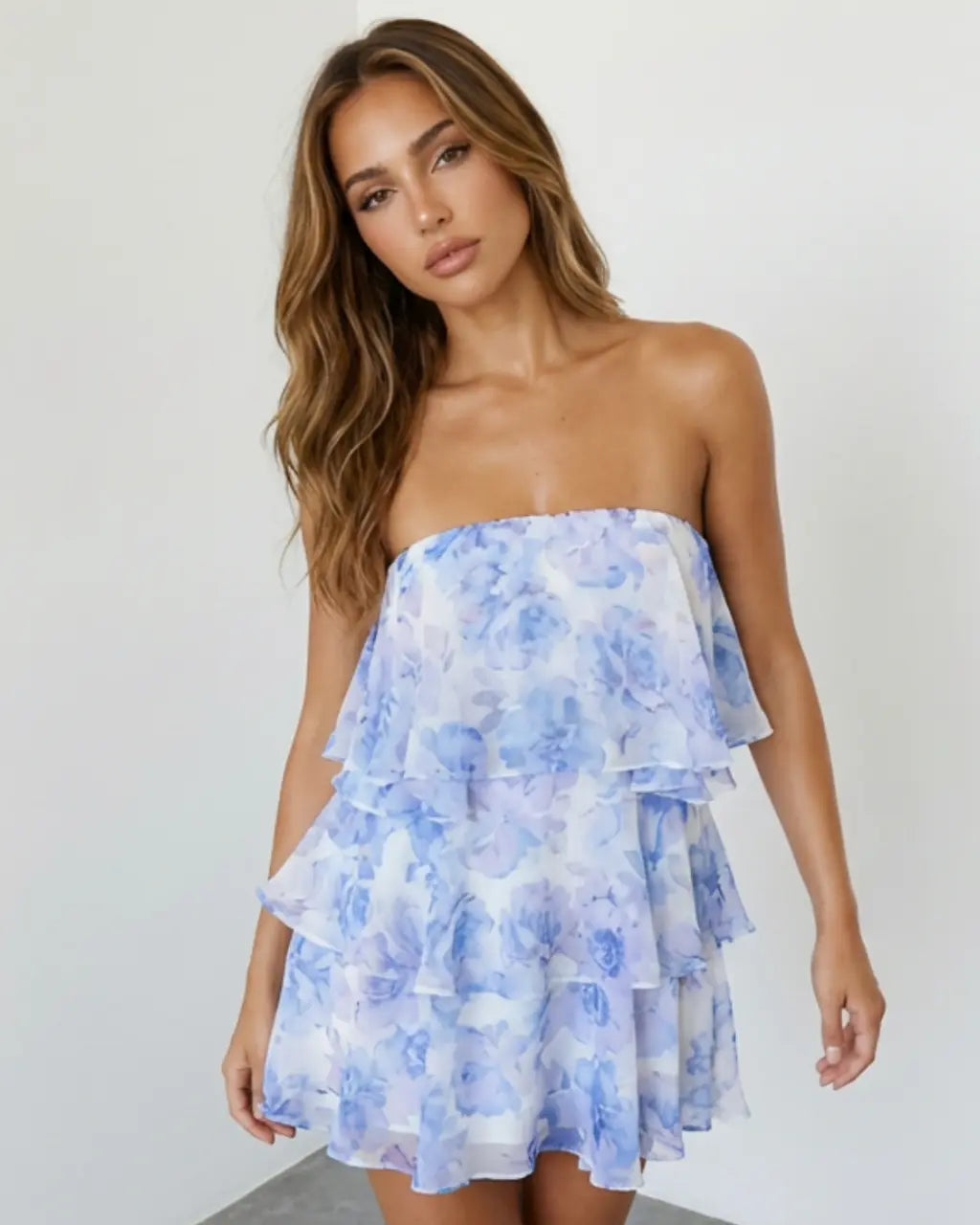 SOLACE  Blue Watercolor Floral Ruffle Tiered Strapless Mini Dress 