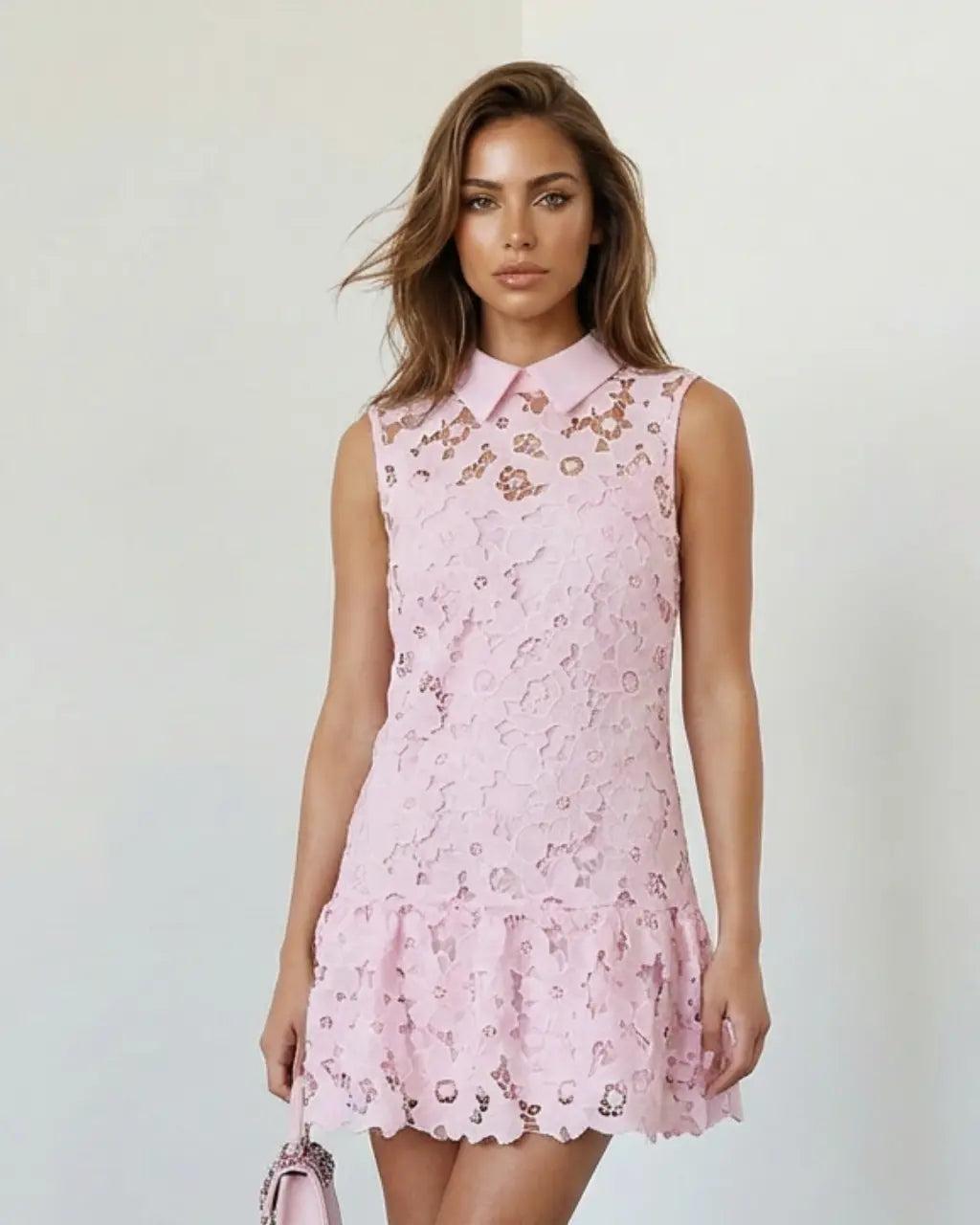 SOLACE  Pink Floral Lace Peter Pan Collar Sleeveless Mini Dress 