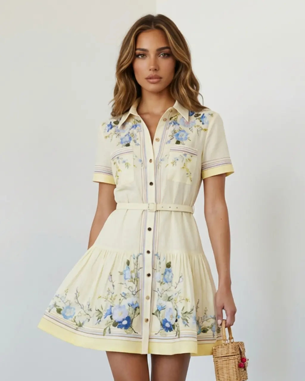 SOLACE  Floral Embroidered Belted Ruffle Hem Shirt Mini Dress 