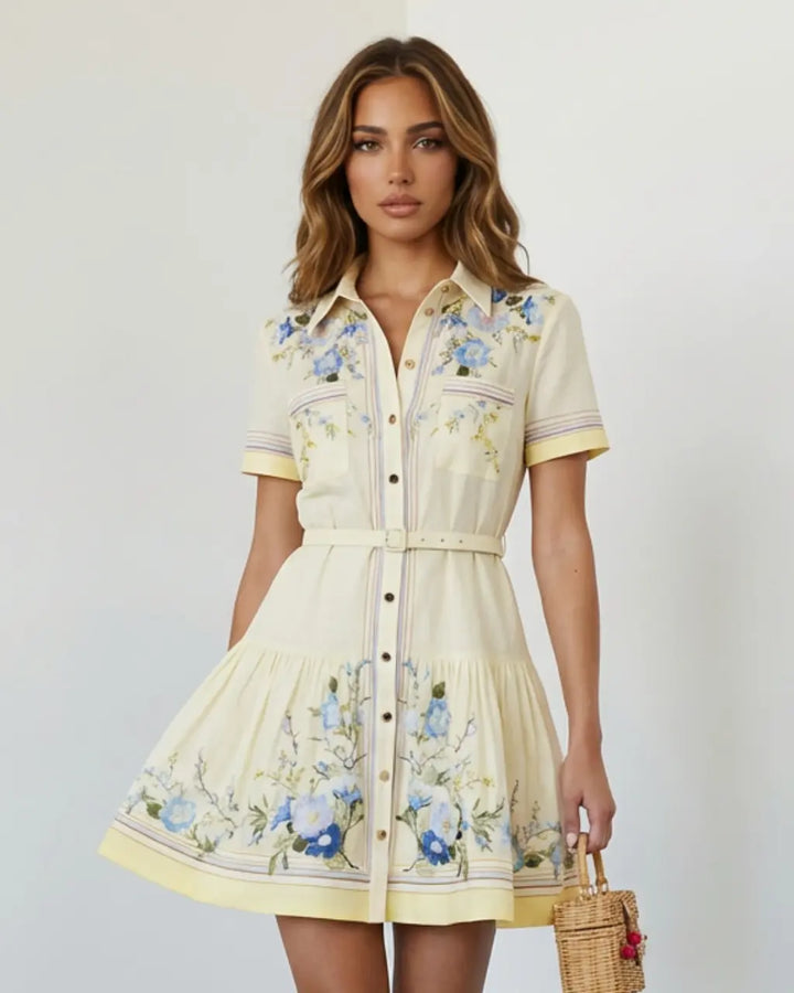 SOLACE  Floral Embroidered Belted Ruffle Hem Shirt Mini Dress 