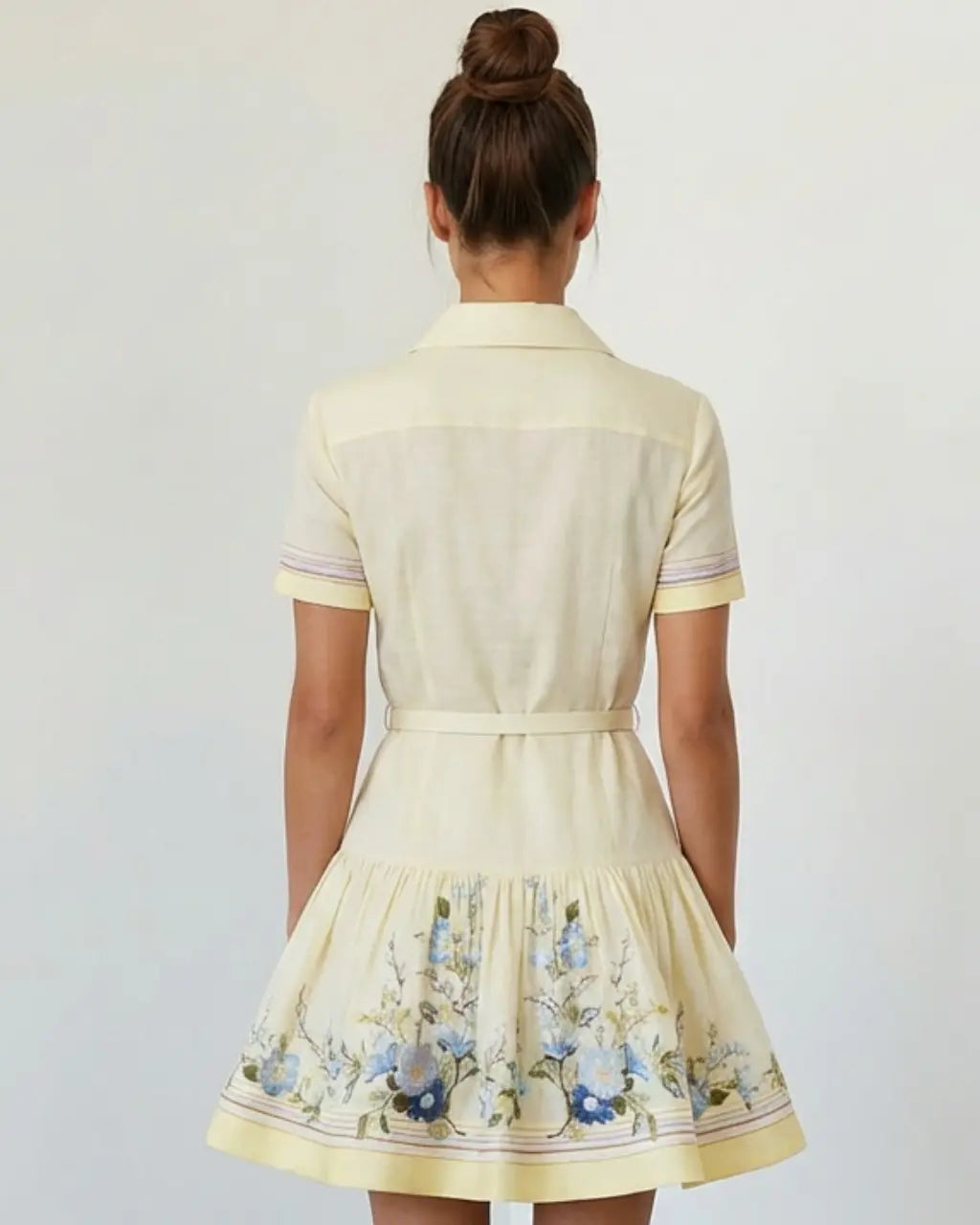 SOLACE  Floral Embroidered Belted Ruffle Hem Shirt Mini Dress 