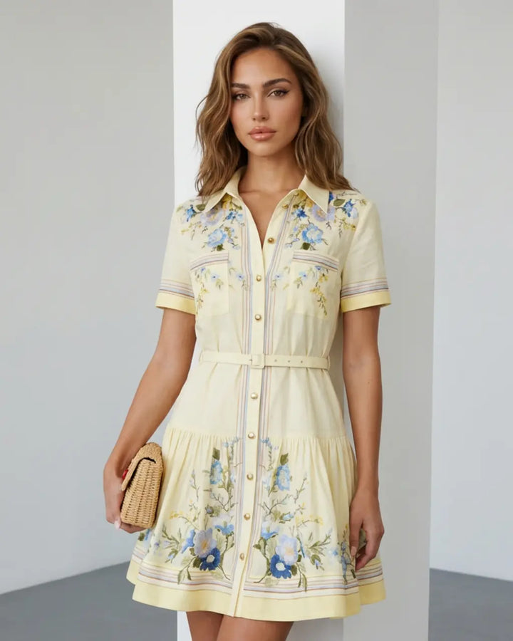 SOLACE  Floral Embroidered Belted Ruffle Hem Shirt Mini Dress 