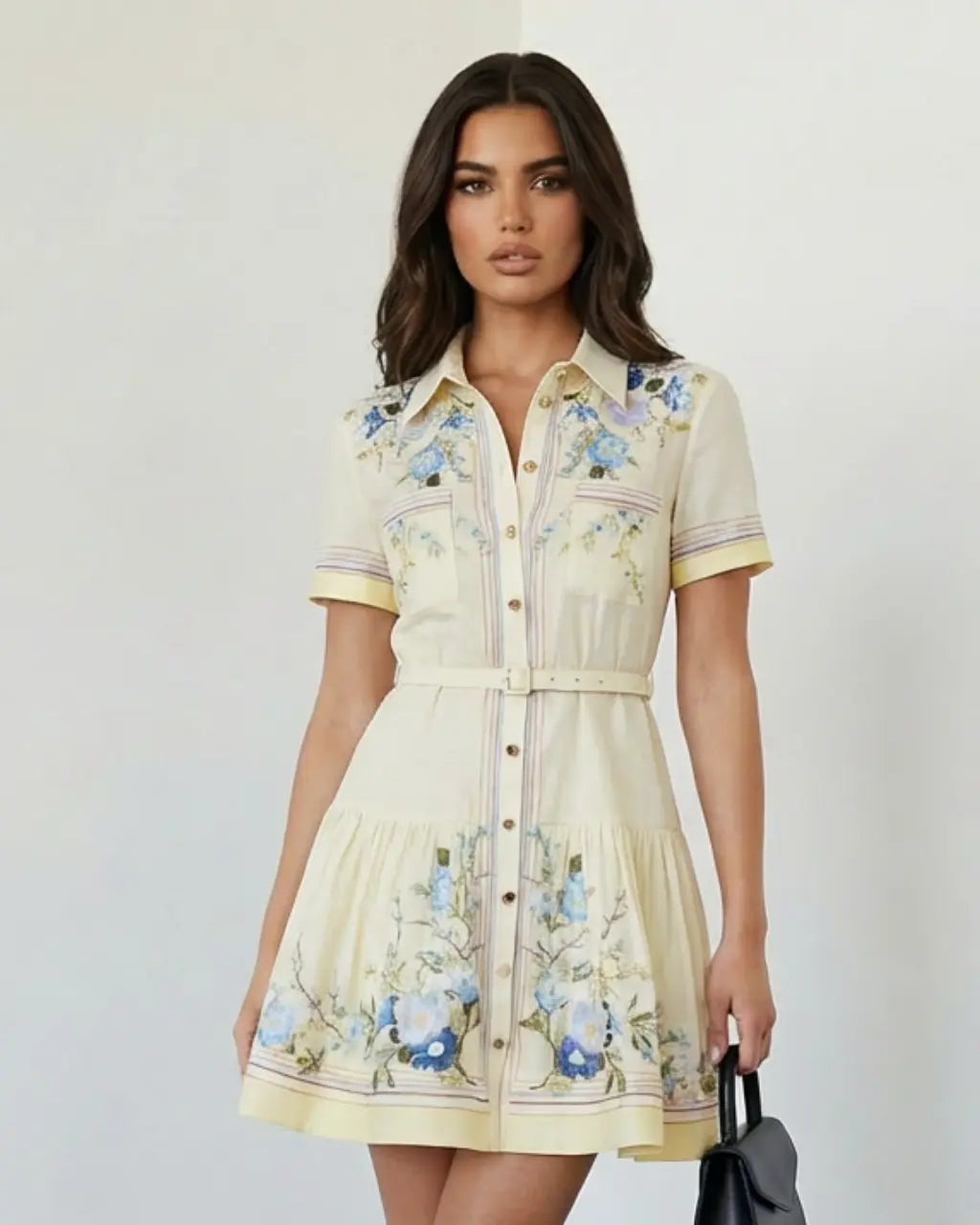 SOLACE  Floral Embroidered Belted Ruffle Hem Shirt Mini Dress 