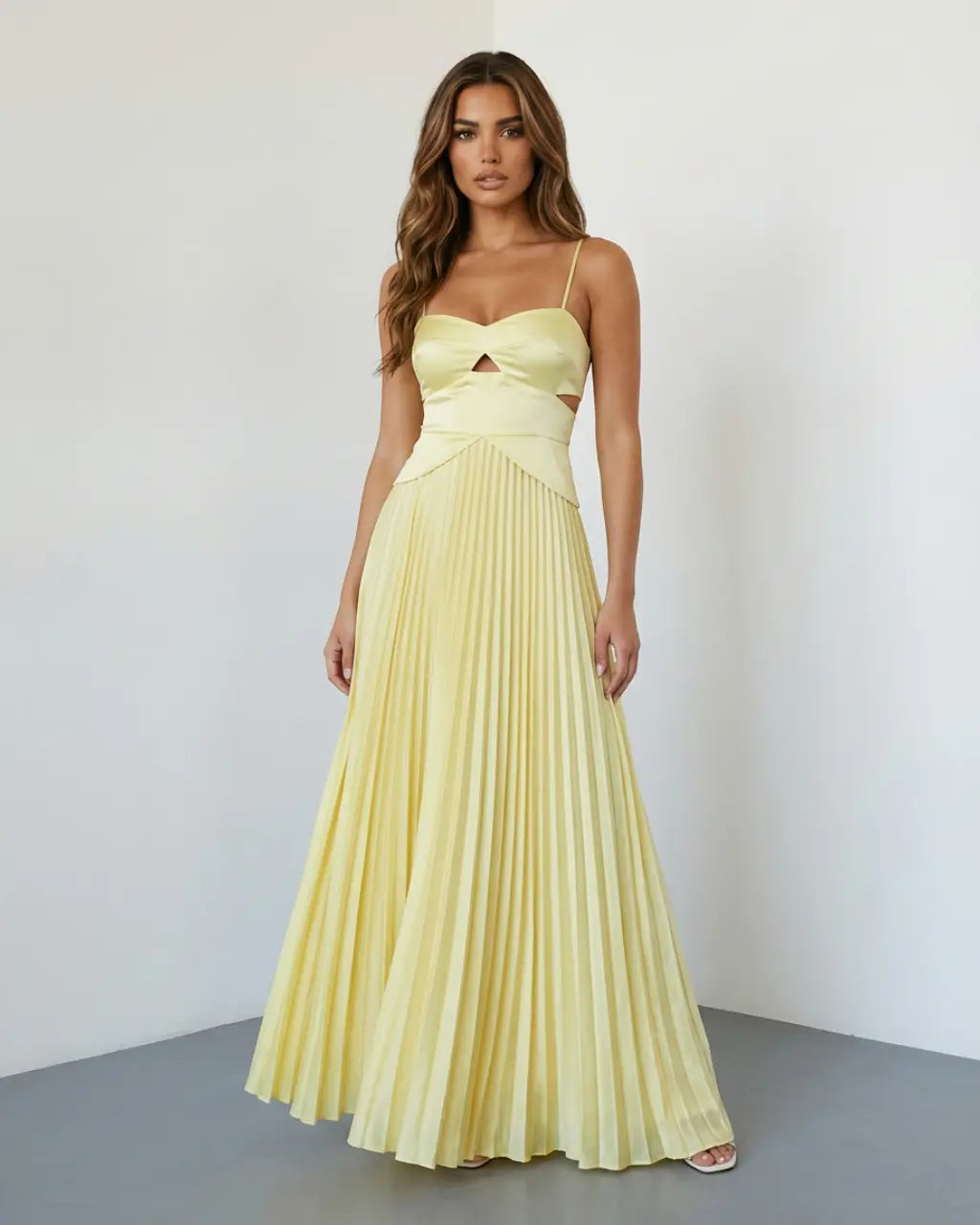 SOLACE  Pale Yellow Elegant Cutout Pleated Satin Maxi Cami Dress 