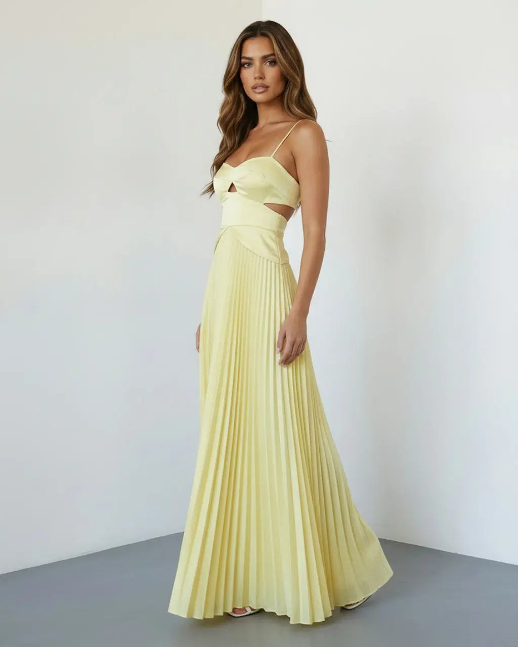 SOLACE  Pale Yellow Elegant Cutout Pleated Satin Maxi Cami Dress 