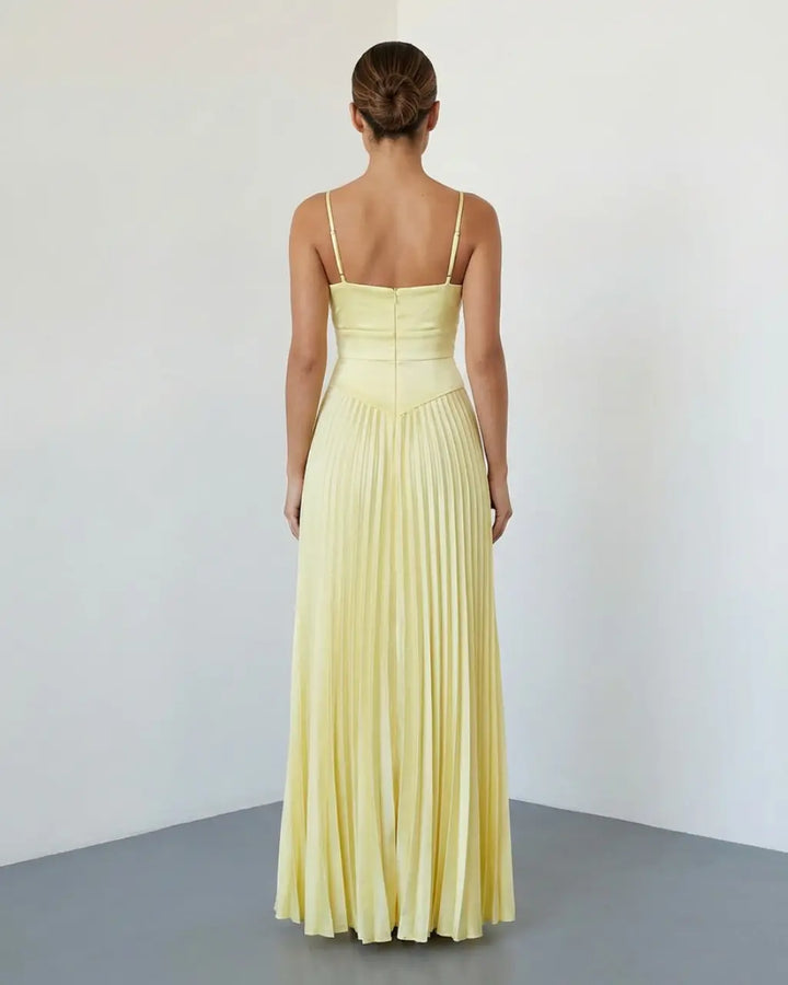 SOLACE  Pale Yellow Elegant Cutout Pleated Satin Maxi Cami Dress 