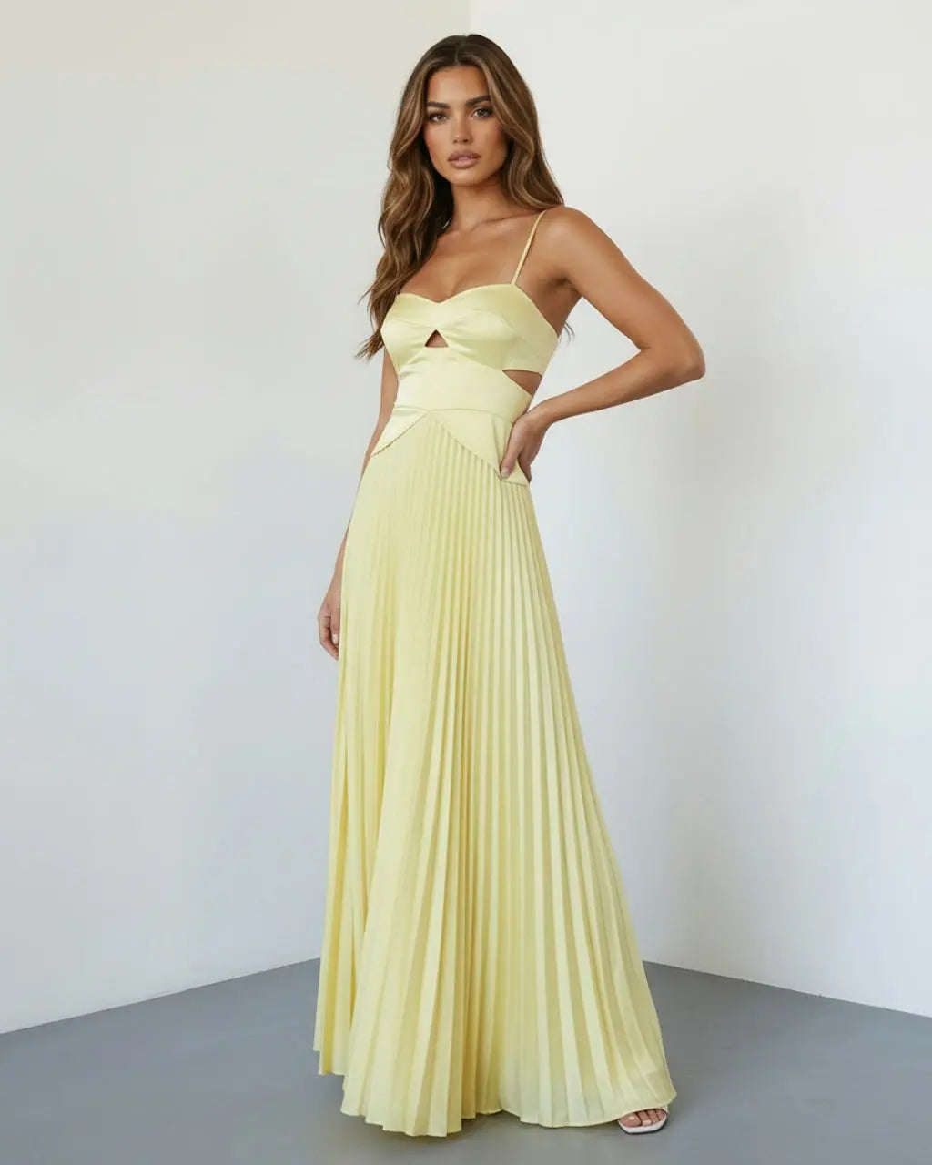 SOLACE  Pale Yellow Elegant Cutout Pleated Satin Maxi Cami Dress 