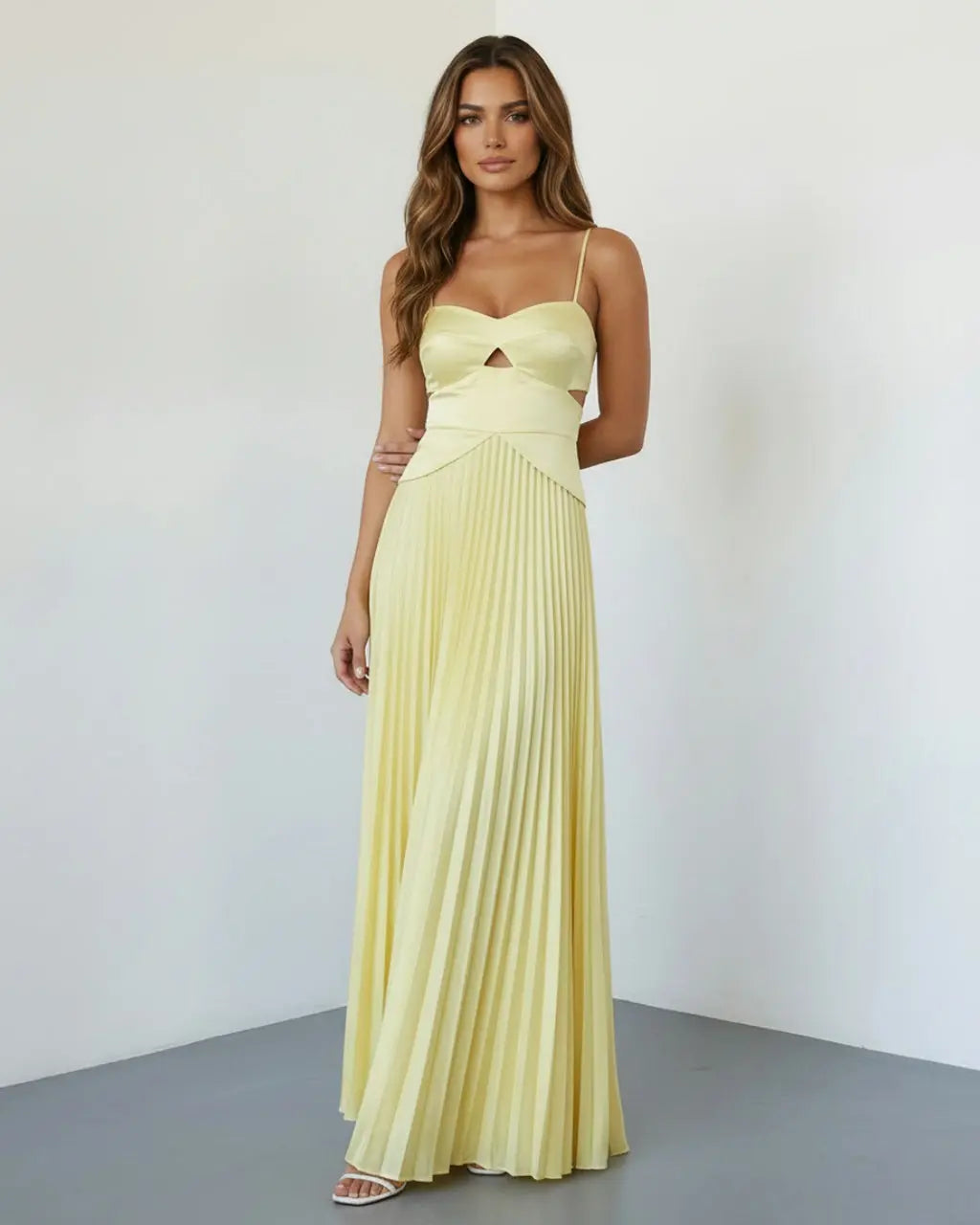 SOLACE  Pale Yellow Elegant Cutout Pleated Satin Maxi Cami Dress 