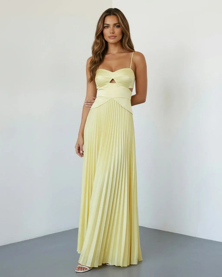 SOLACE  Pale Yellow Elegant Cutout Pleated Satin Maxi Cami Dress 