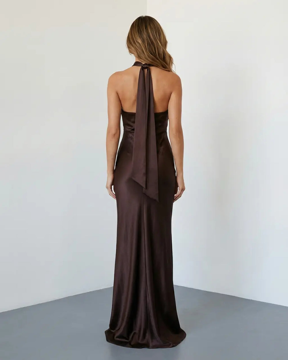 SOLACE  Dark Brown Cutout Satin Slim Fit Floor Length Maxi Dress 