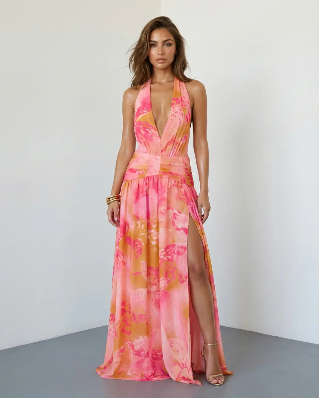 SOLACE  Tropical Watercolor Halter Plunge Split Flowy Chiffon Maxi Dress 