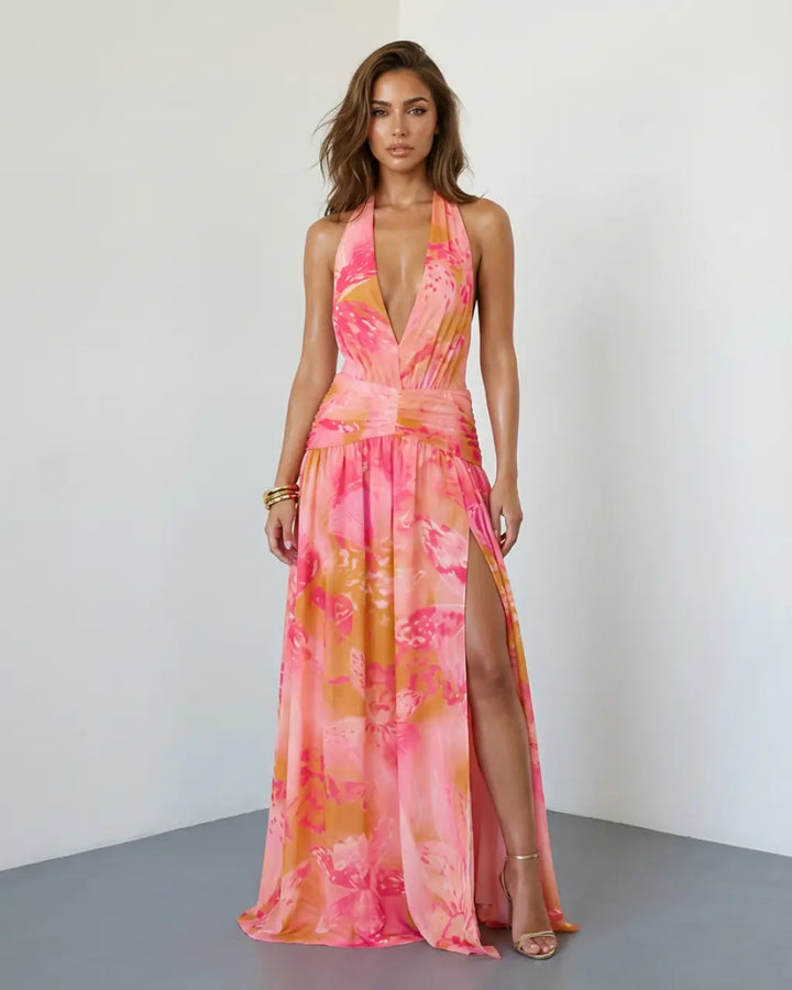 SOLACE  Tropical Watercolor Halter Plunge Split Flowy Chiffon Maxi Dress 