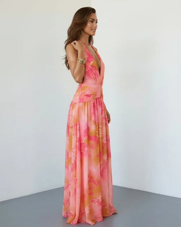 SOLACE  Tropical Watercolor Halter Plunge Split Flowy Chiffon Maxi Dress 