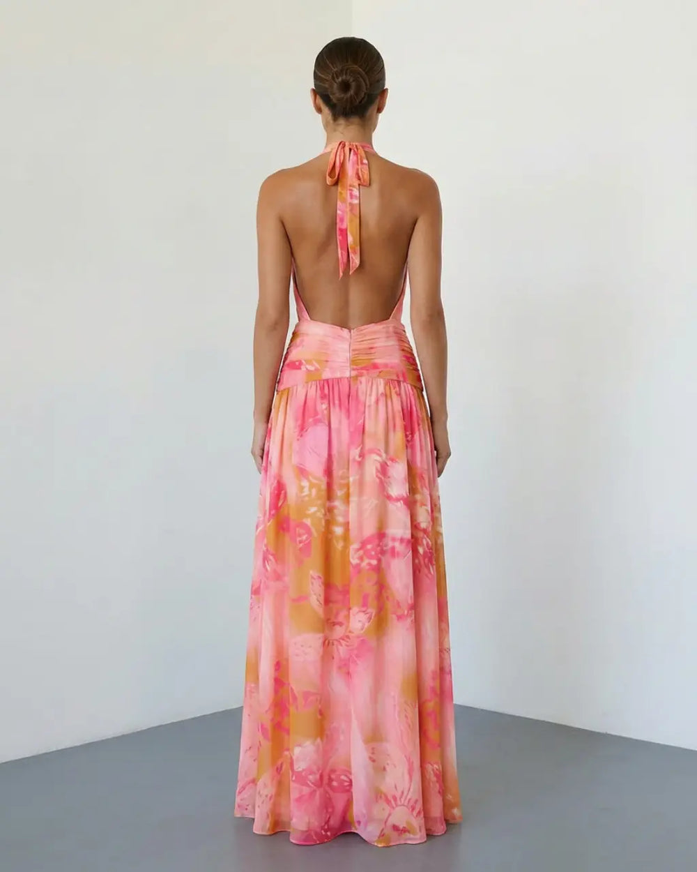 SOLACE  Tropical Watercolor Halter Plunge Split Flowy Chiffon Maxi Dress 
