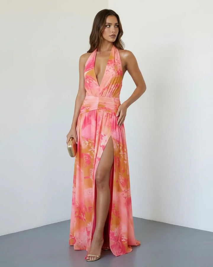 SOLACE  Tropical Watercolor Halter Plunge Split Flowy Chiffon Maxi Dress 