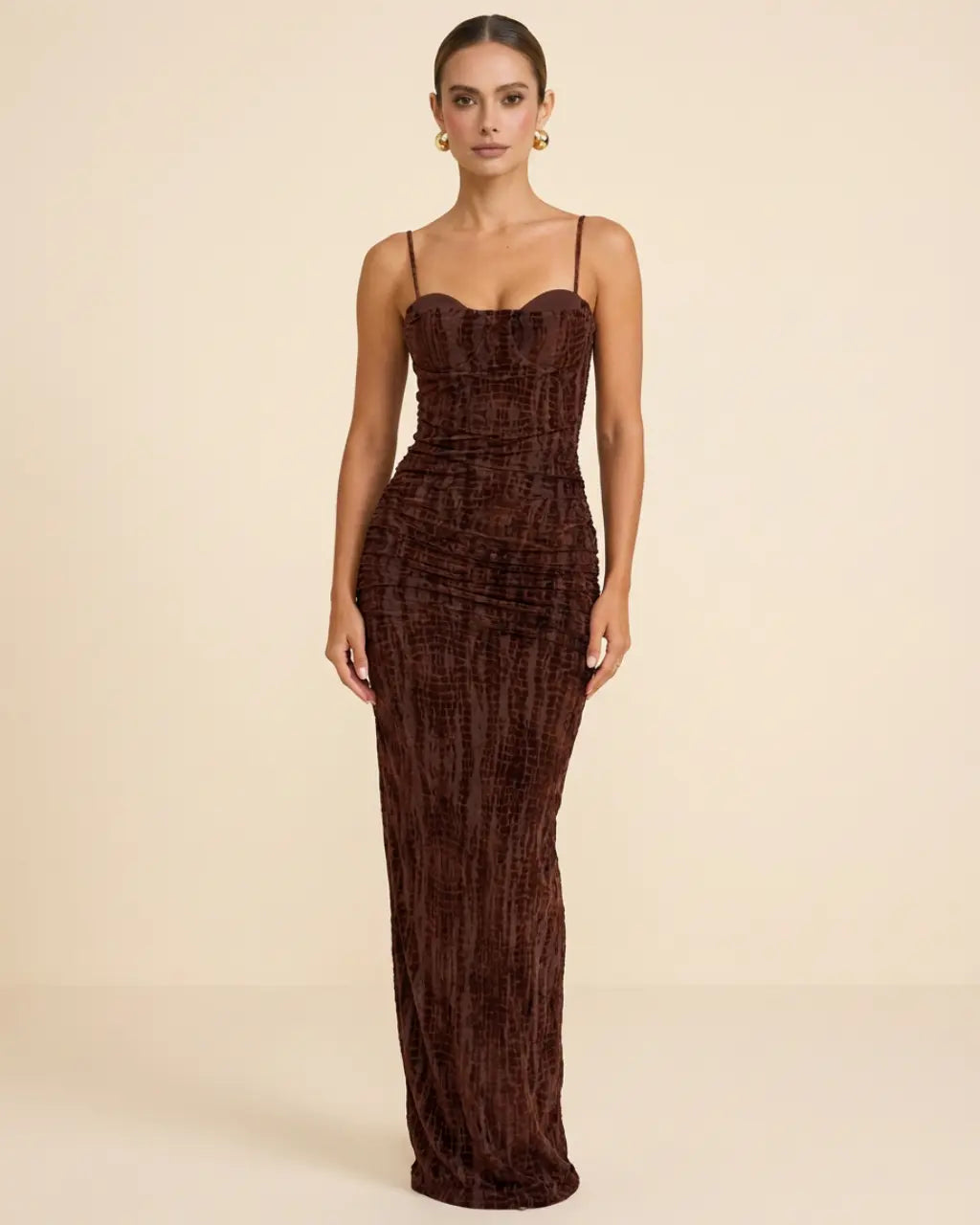 Brown Velvet Spaghetti Strap Backless Lace-Up Maxi Dress SOLACE