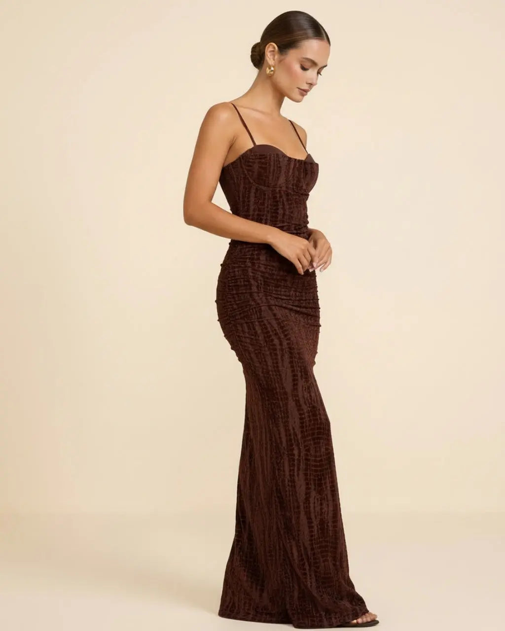 Brown Velvet Spaghetti Strap Backless Lace-Up Maxi Dress SOLACE
