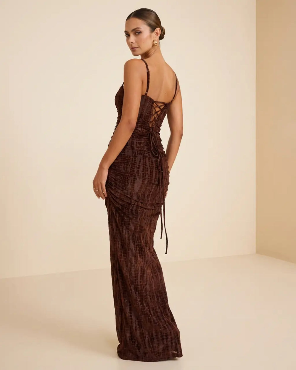 Brown Velvet Spaghetti Strap Backless Lace-Up Maxi Dress SOLACE