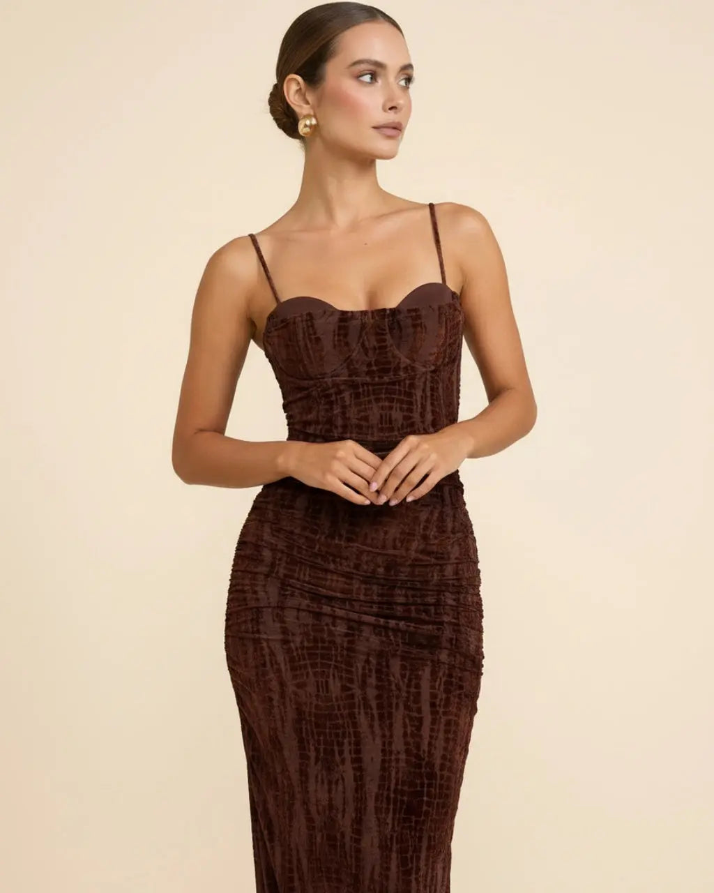 Brown Velvet Spaghetti Strap Backless Lace-Up Maxi Dress SOLACE