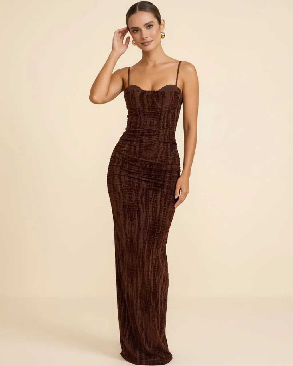 Brown Velvet Spaghetti Strap Backless Lace-Up Maxi Dress SOLACE