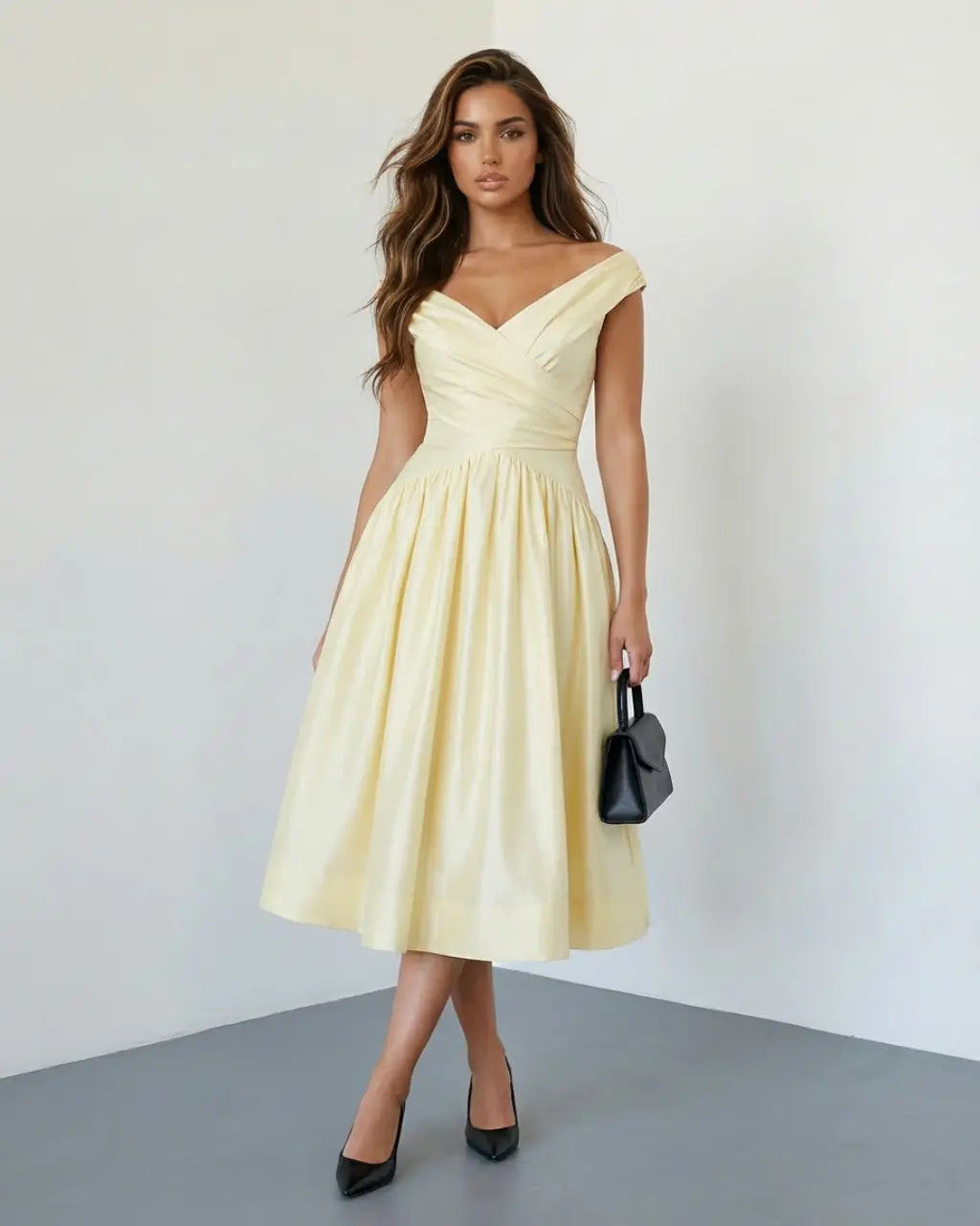 SOLACE  Pale Yellow Elegant Off Shoulder Ruched Waist Flared Midi Dress 