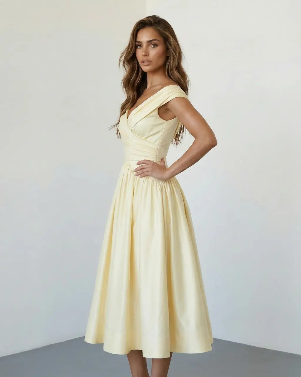 SOLACE  Pale Yellow Elegant Off Shoulder Ruched Waist Flared Midi Dress 