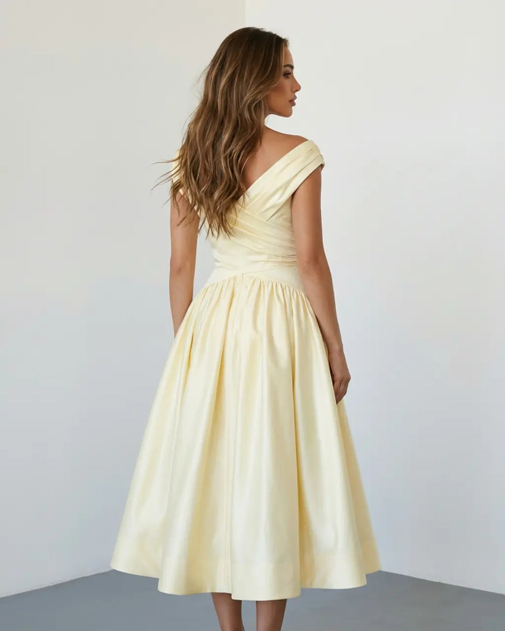 SOLACE  Pale Yellow Elegant Off Shoulder Ruched Waist Flared Midi Dress 