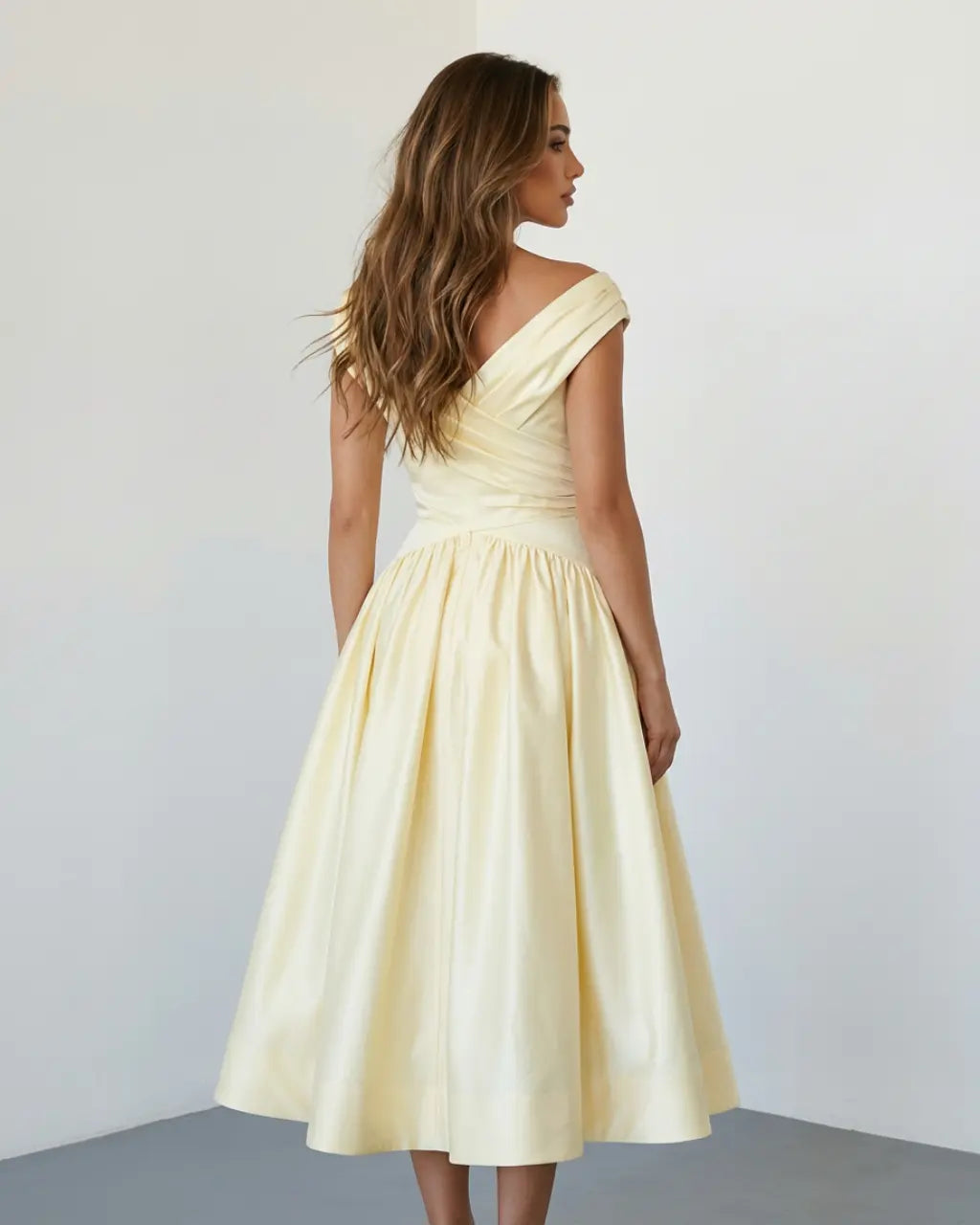 SOLACE  Pale Yellow Elegant Off Shoulder Ruched Waist Flared Midi Dress 
