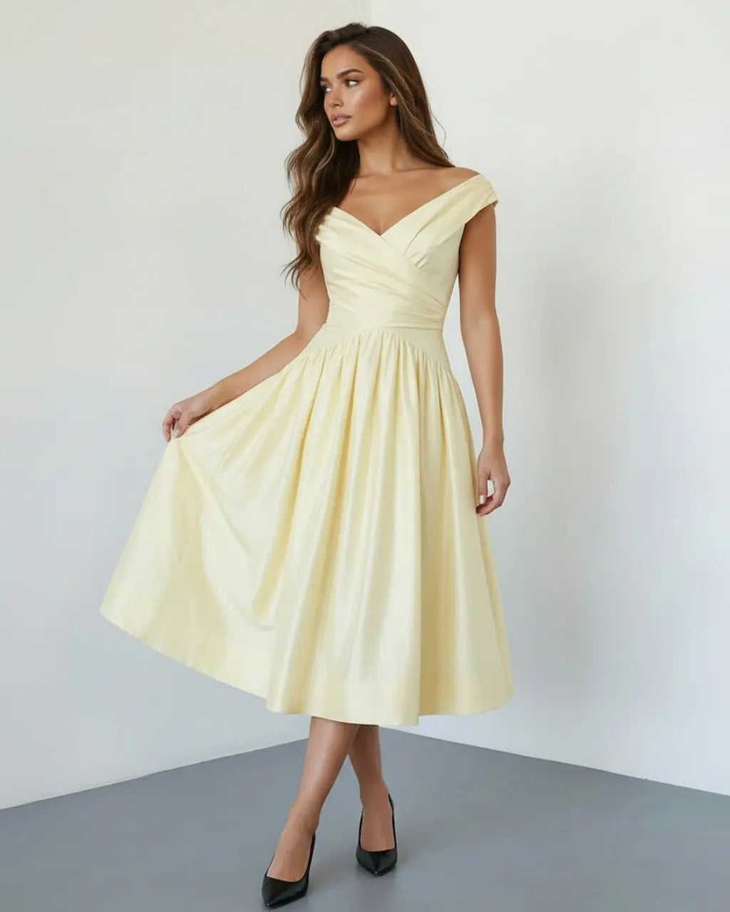 SOLACE  Pale Yellow Elegant Off Shoulder Ruched Waist Flared Midi Dress 