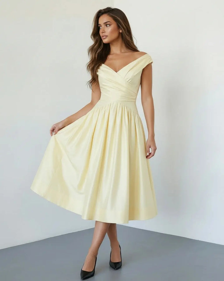 SOLACE  Pale Yellow Elegant Off Shoulder Ruched Waist Flared Midi Dress 