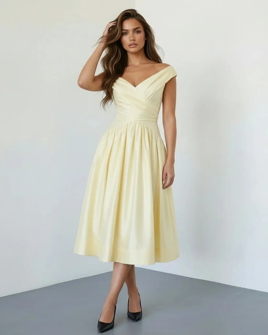 SOLACE  Pale Yellow Elegant Off Shoulder Ruched Waist Flared Midi Dress 