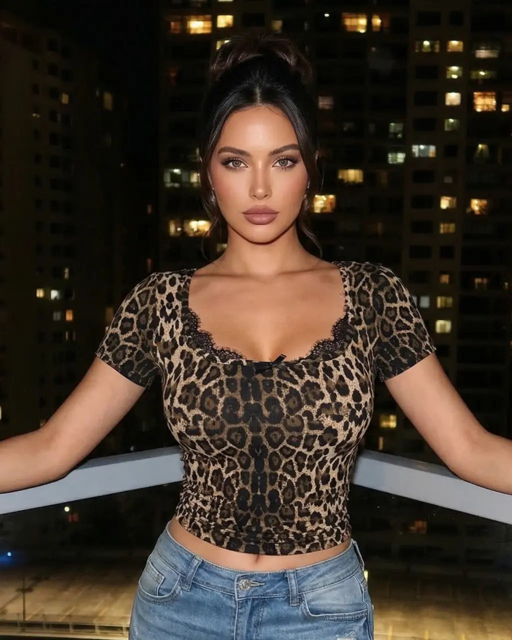 Brown Leopard Print Lace Trim Slim Fit Cropped Top SOLACE