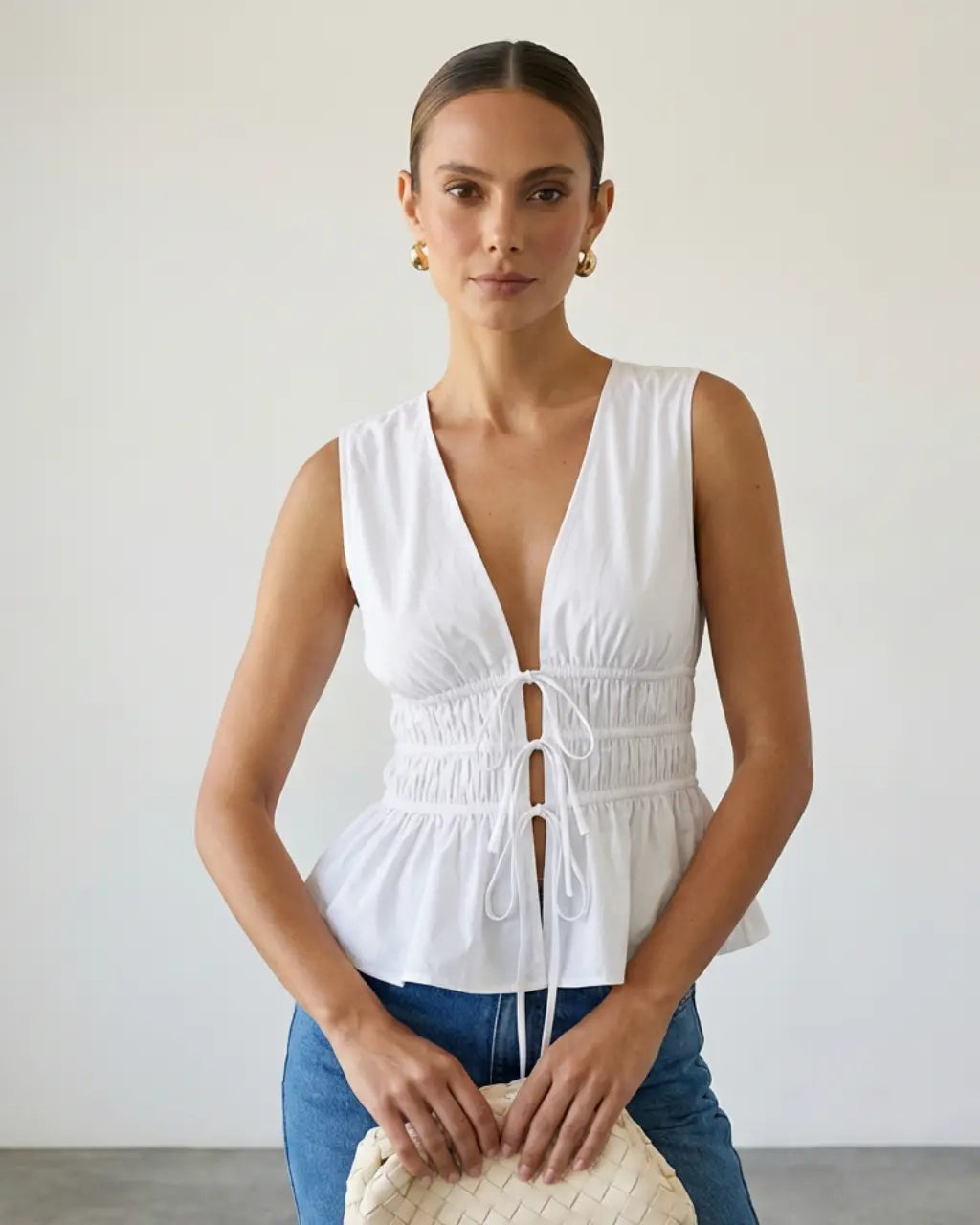 SOLACE  White Casual V Neck Tie Front Ruched Sleeveless Peplum Top 