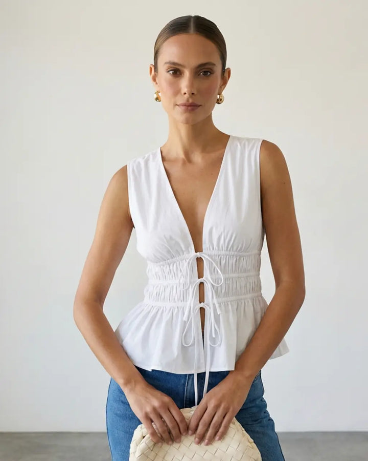 SOLACE  White Casual V Neck Tie Front Ruched Sleeveless Peplum Top 