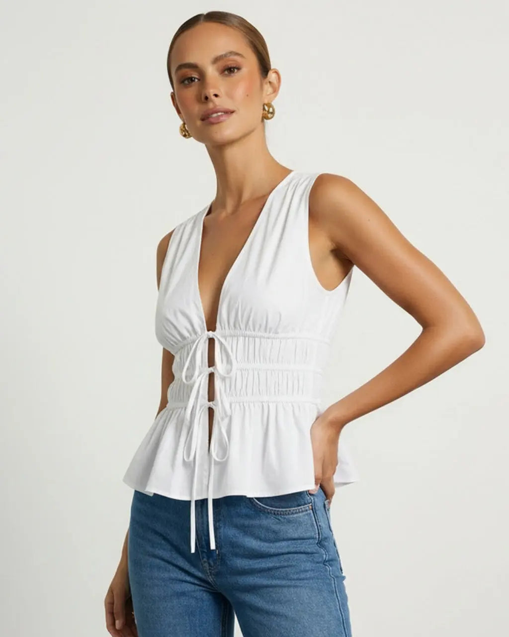 SOLACE  White Casual V Neck Tie Front Ruched Sleeveless Peplum Top 