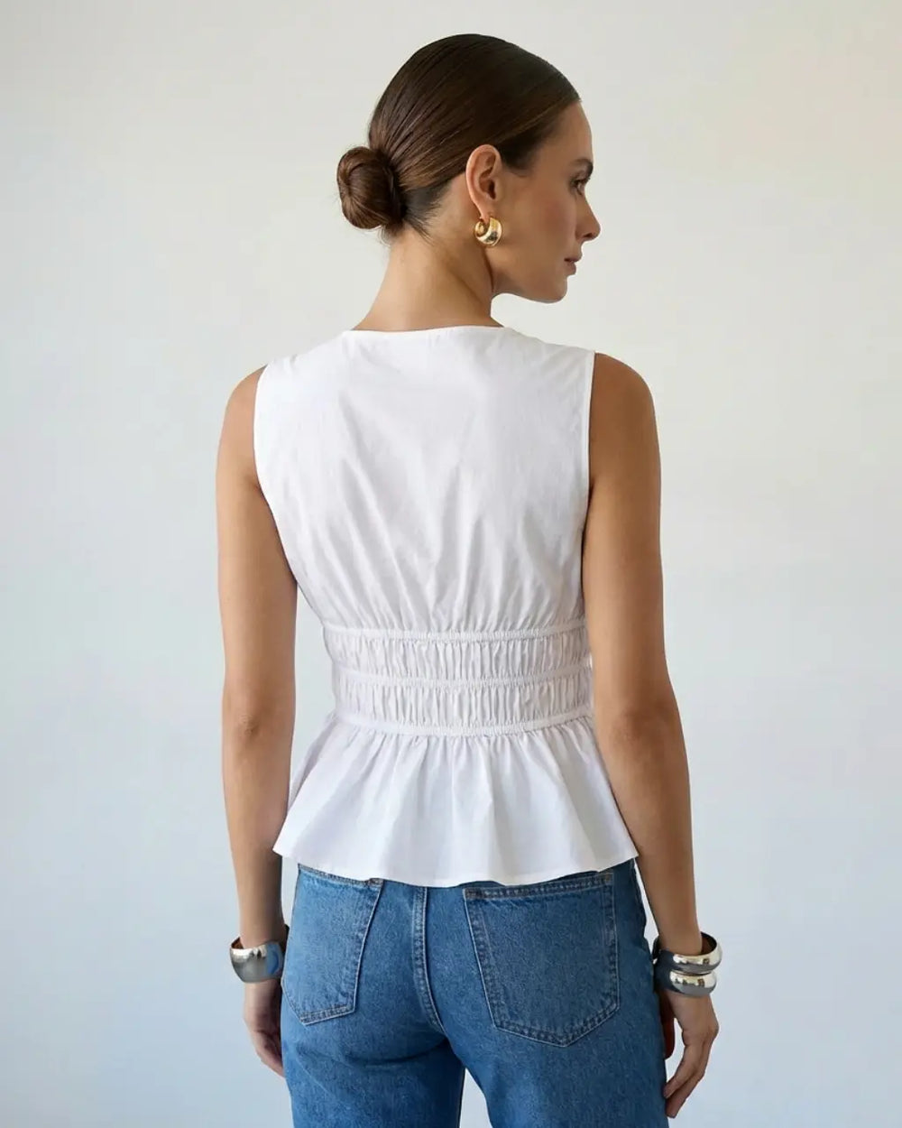 SOLACE  White Casual V Neck Tie Front Ruched Sleeveless Peplum Top 