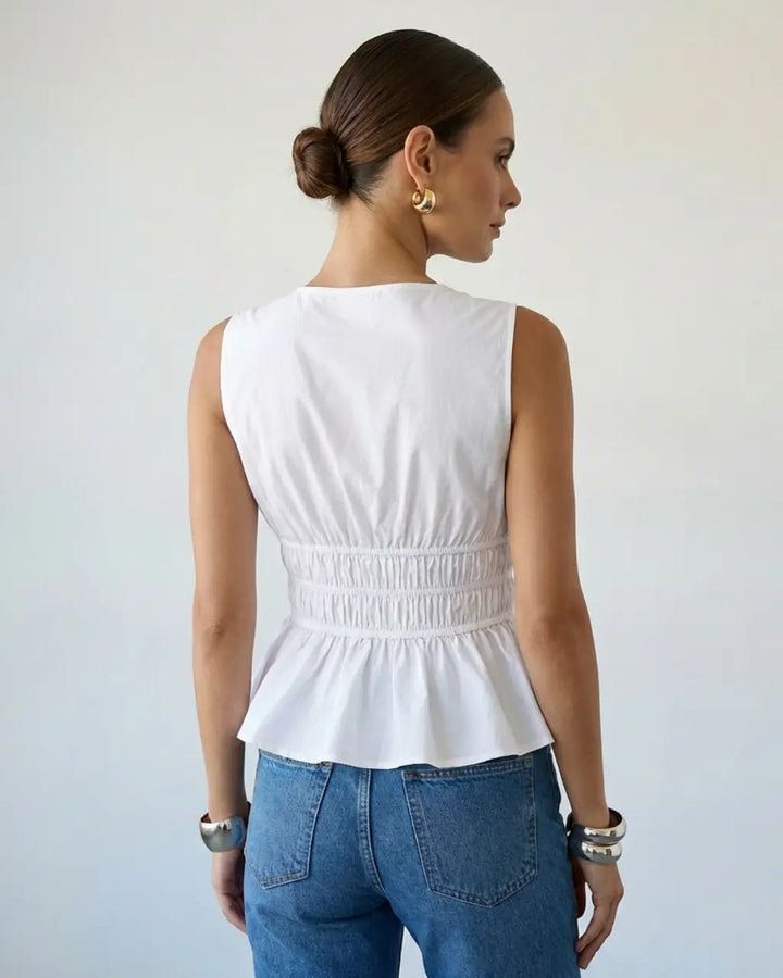 SOLACE  White Casual V Neck Tie Front Ruched Sleeveless Peplum Top 