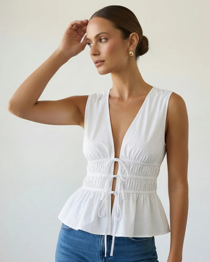SOLACE  White Casual V Neck Tie Front Ruched Sleeveless Peplum Top 
