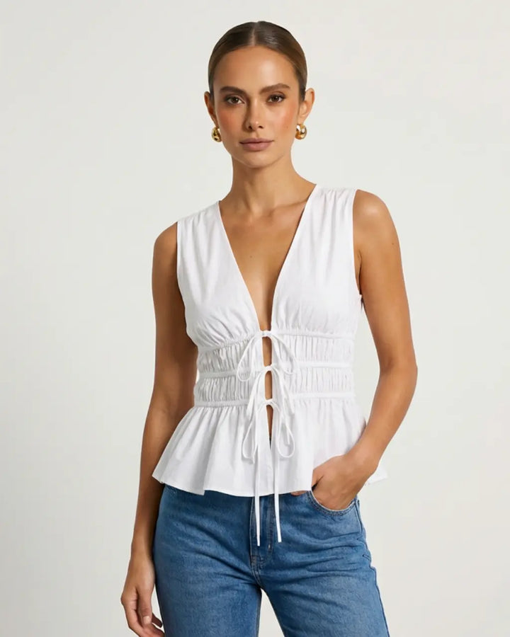 SOLACE  White Casual V Neck Tie Front Ruched Sleeveless Peplum Top 