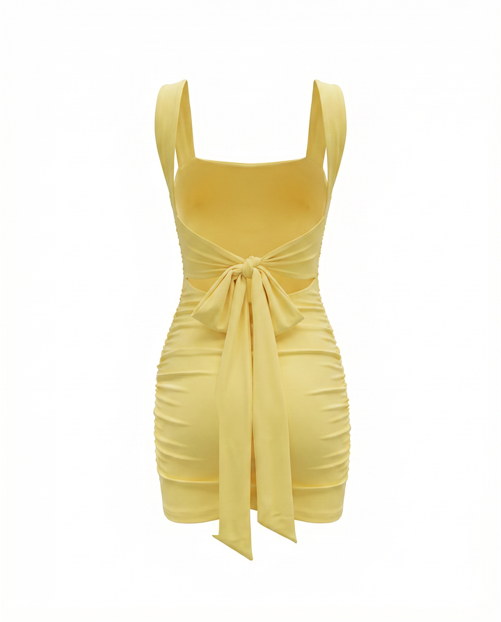 SOLACE  Yellow Square Neck Backless Tie-Up Mini Dress 