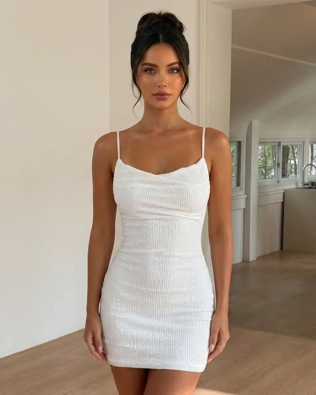 White Elegant Ribbed Knit Slim Fit Mini Party Dress SOLACE