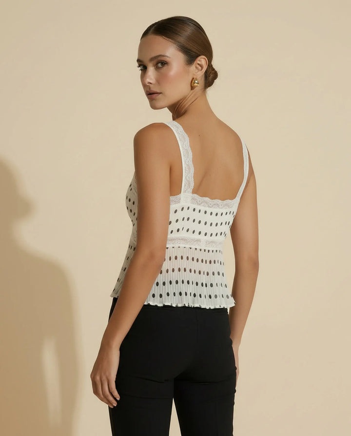 SOLACE  White Polka Dot Lace Trim V Neck Pleated Peplum Cami Top 