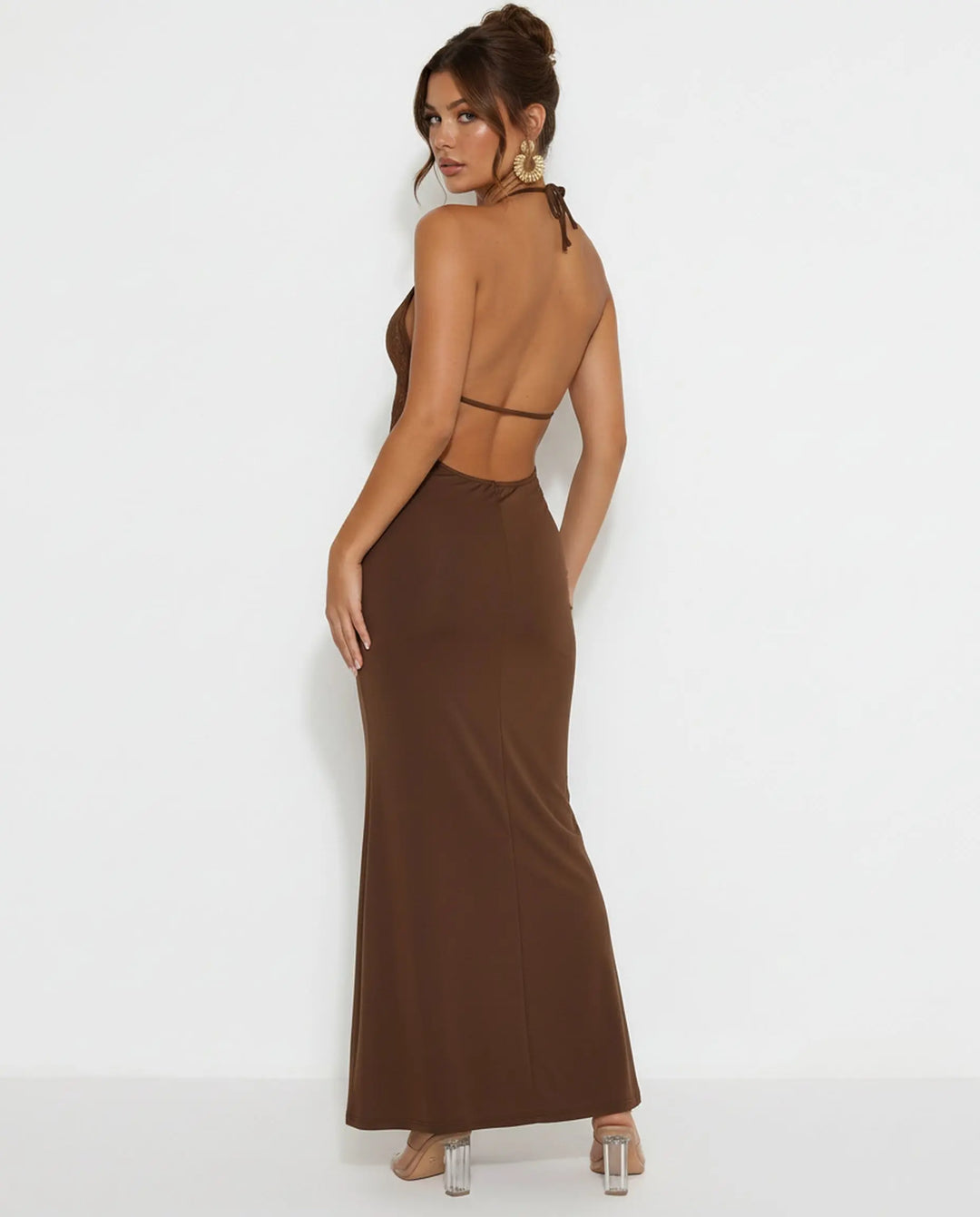 SOLACE  Brown Halter Neck Lace Insert Ring Detail Backless Maxi Dress 