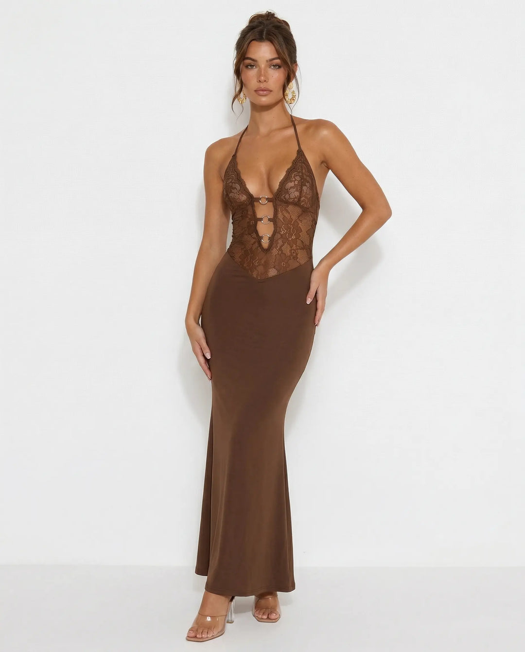 SOLACE  Brown Halter Neck Lace Insert Ring Detail Backless Maxi Dress 